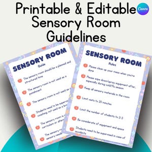 Może przedstawiać: Dwa do wydrukowania plakaty z wytycznymi dla pokoju sensorycznego. Plakaty są jasnoniebieskie i fioletowe z czerwonymi ilustracjami jabłek. Lewy plakat ma tytuł "Sensory Room Guide" i zawiera sześć wytycznych. Prawy plakat ma tytuł "Sensory Room Rules" i zawiera siedem zasad.
