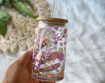 Spring Flowers beer glass can | Colorful floral Glass can with bamboo lid