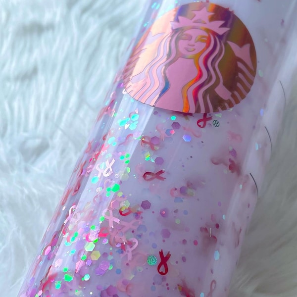 Breast Cancer Awareness Tumbler | Pink Ribbon Glitter Snow Globe Cup