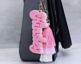 3D Name Plate Keychain with Tassel. Personalized Retro Name Tag Keychain. Colorful Name Plate Keychain. Personalized Name Tassel Keychain .