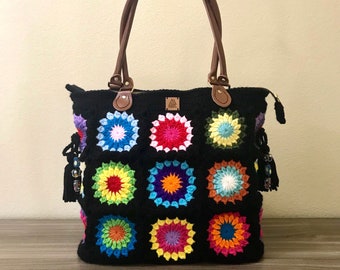 Bright multicolor crochet tote bag. crochet shopping bag. granny square totes.
