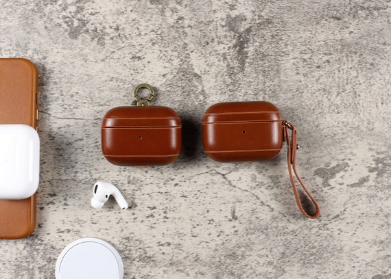 Genuine Leather AirPods Generation 1/2/Pro/3 Case Support Wireless Charging. Leather Airpods Case with Leather Wristlet.