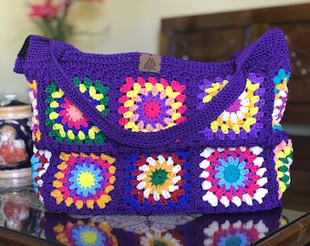 Bright multicolor crochet shopping bag. beach bag. granny square bag. summer bag. crochet shopping bag.