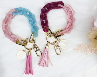 Personalized Marble Chain Link Wristlet Keychain, Marble Bangle Key Ring, Monogram/Initial Bracelet Key Chain, Cute Boho Modern Keychain