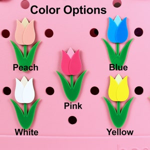May include: Color options for tulip-shaped charms, shown in peach, white, pink, blue, yellow, and red.