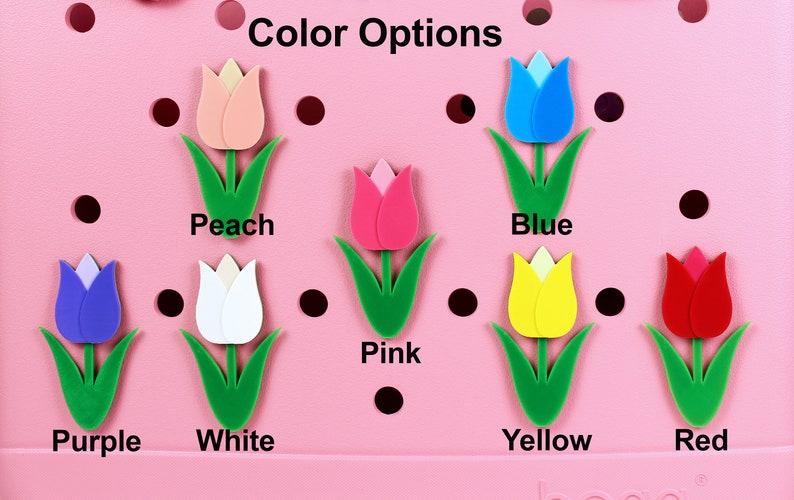 May include: Color options for tulip-shaped charms, shown in peach, white, pink, blue, yellow, and red.