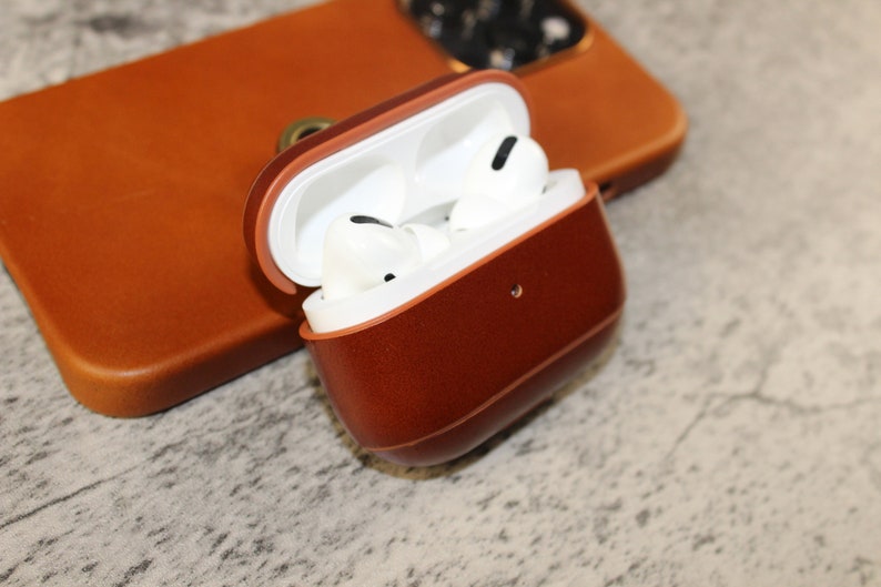 Genuine Leather AirPods Generation 1/2/Pro/3 Case Support Wireless Charging. Leather Airpods Case with Leather Wristlet. image 6