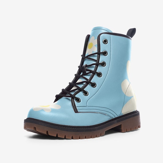 Blue DAISY Vegan Leather Boots Kawaii Gift for Her Hippie Boots