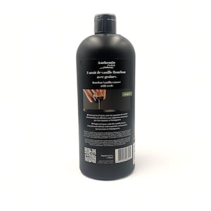 May include: A black bottle of Authentic Product's Bourbon Vanilla Extract with Seeds. The bottle is labelled with the text "Authentic Product's Extrait de vanille Bourbon avec graines Bourbon Vanilla extract with seeds." The bottle is 1 kg (35.2 oz) and is made in France with vanilla beans selected and refined with expertise and passion by their team in Madagascar.