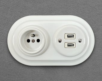 Retro franskt vitt porslinsuttag med dubbla USB A-laddningsportar Typ E jordstift keramiskt vägguttag infälld brytare