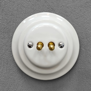 Op de afbeelding: Een witte, ronde lichtschakelaar in vintage stijl met twee messing tuimelschakelaars. De schakelplaat is gemaakt van keramiek en is op een grijze muur gemonteerd. Het is een klassiek ontwerp.