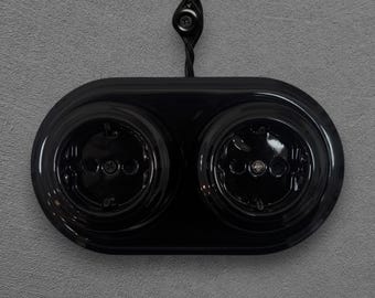 Double Black Porcelain Power Socket Type F Schuko German EU Grounded Ceramic Wall Outlet Surface Mount Retro Industrial Loft Receptacle