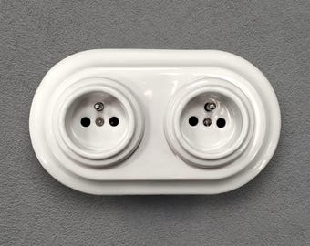 Doppelte weiße Porzellan-Steckdose im französischen Stil, Unterputzmontage im Vintage-Stil