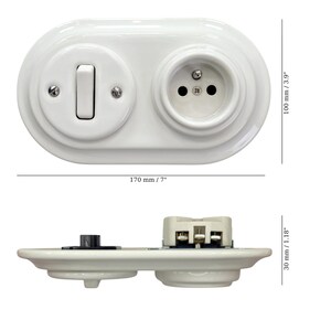 White Porcelain French Power Socket + Light Switch SET, 1-Gang Two-Way, Vintage Style Flush Mount image 8