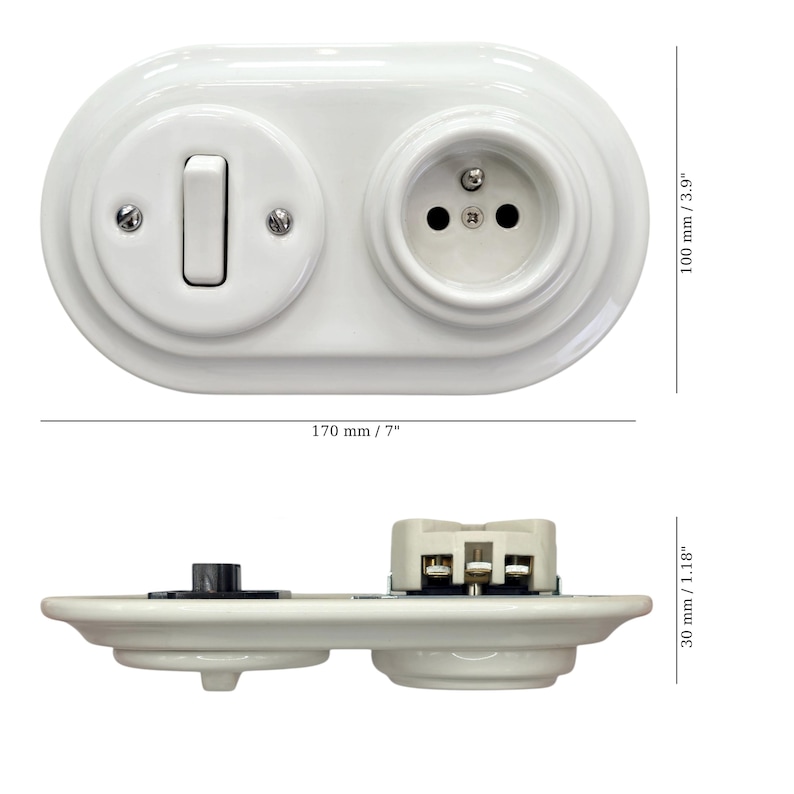 White Porcelain French Power Socket + Light Switch SET, 1-Gang Two-Way, Vintage Style Flush Mount image 8