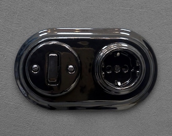 Retro Black Porcelain Power Socket 1 Gang Light Switch Combo Type F German EU Grounded Ceramic Wall Outlet Flush Mount Socket Box Plate