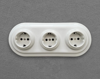 Tripla presa elettrica in porcellana Loft retrò elettrica tedesca Schuko da incasso cottage vintage in ceramica bianca