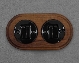 Rocker Light Switch 2 Gang 2 Way Double Black Porcelain Dark Wood Frame Ceramic Wall Switch Flush Mount Retro Cottage Restoration Outlets