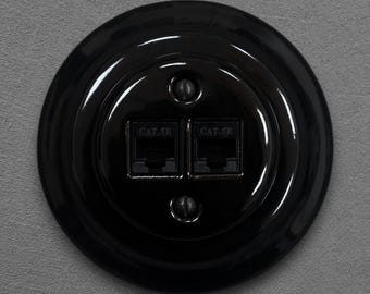 RJ45 Nätverksuttag CAT.5E Ethernetport Retro Svart Porslin Keramik Vägguttag Infälld Internetanslutning Täckplåt Montering