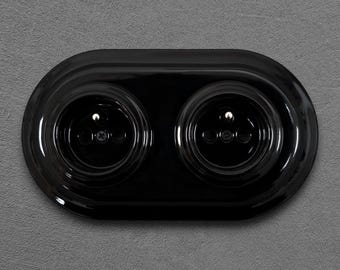 Retro Black Porcelain Double Socket French Type E Ceramic Wall Outlet Flush Mount Power Receptacle Vintage Industrial Loft Electrical Plug