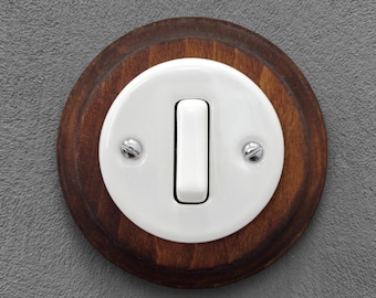 Slim Rocker One Gang Two-Way Light Switch Dark Wood Frame Plate Flush Mount Retro Porcelain Ceramic Wall Switch Cottagecore Home Renovation