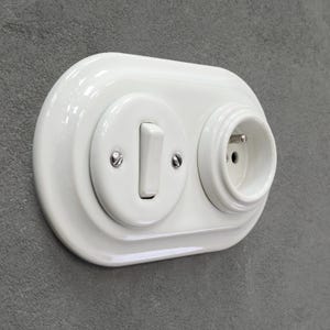 White Porcelain French Power Socket + Light Switch SET, 1-Gang Two-Way, Vintage Style Flush Mount image 3