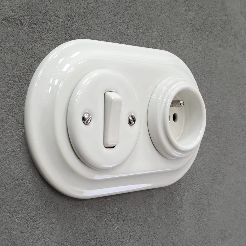 White Porcelain French Power Socket + Light Switch SET, 1-Gang Two-Way, Vintage Style Flush Mount image 3
