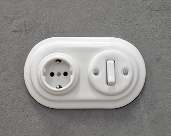 Power Socket 1 Gang Light Switch Combo Type F Schuko German EU Grounded Retro White Porcelain Ceramic Wall Outlet Flush Mount Socket Outlets