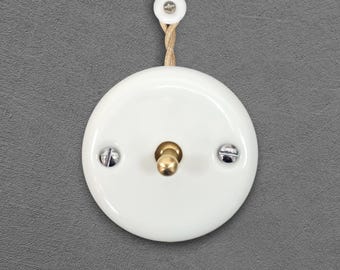 Wit porseleinen tuimellichtschakelaar-element, 1-voudig tweeweg (wisselschakelaar), vintage stijl opbouw