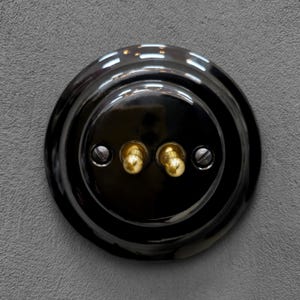 Könnte beinhalten: Eine kreisförmige schwarze Lichtschalterplatte mit zwei Messing-Kippschaltern und zwei passenden schwarzen Schrauben. Die glänzende Oberfläche der Schalterplatte bildet einen Kontrast zum metallischen Goldton der nebeneinander liegenden Kippschalter.