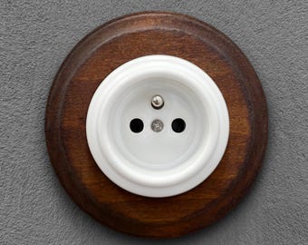 French Type E Power Socket Dark Wood Frame Retro White Porcelain Wall Outlet Flush Mount Earth Pin Plug Receptacle Cottagecore Faceplate