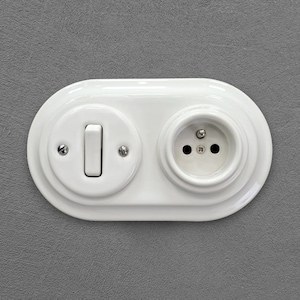 White Porcelain French Power Socket + Light Switch SET, 1-Gang Two-Way, Vintage Style Flush Mount image 1