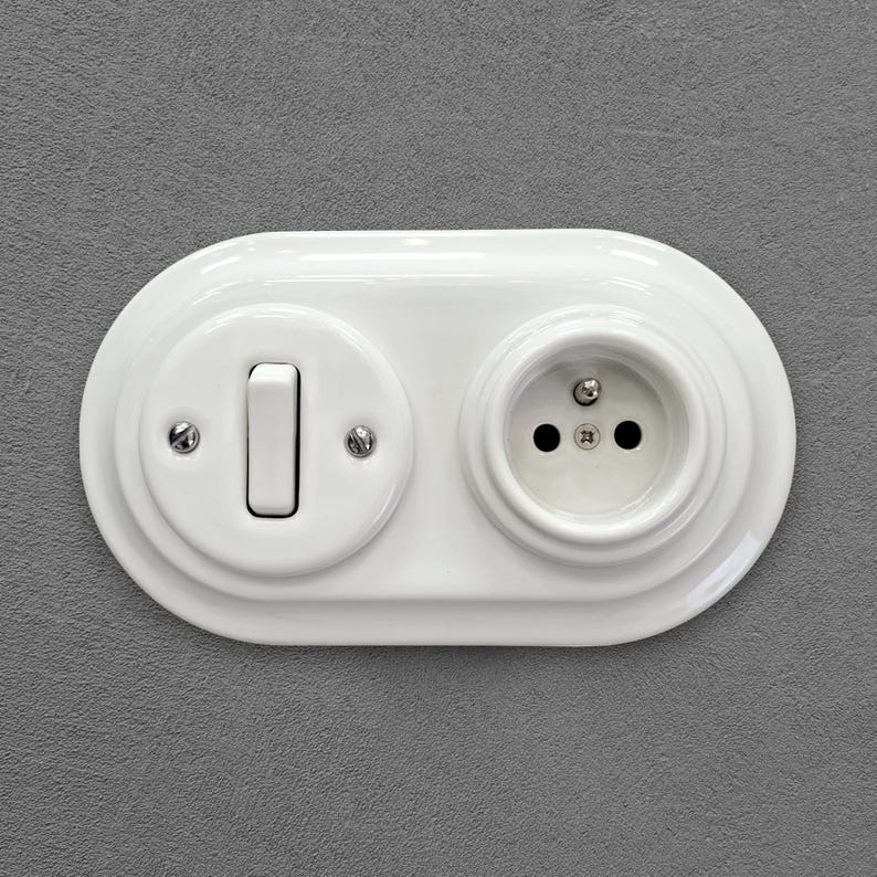 White Porcelain French Power Socket + Light Switch SET, 1-Gang Two-Way, Vintage Style Flush Mount image 1