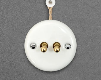 White Porcelain Toggle Roller Shutter Switch Insert 2 Gang Ceramic Wall Switch Surface Mount Retro Home Renovation Outlets