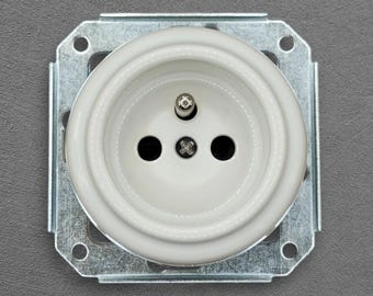 Type E French White Porcelain Power Socket Insert, Flush Mount Vintage Style, Earth Pin in Outlet