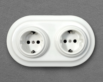 Double Porcelain Power Socket Type F Schuko German EU Grounded Ceramic Wall Outlet Flush Mount Retro Industrial Loft Receptacle Outlets