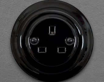 Gniazdko elektryczne z czarnej porcelany Typ G (brytyjskie), styl vintage podtynkowy, gniazdo z uziemieniem 3-pinowym