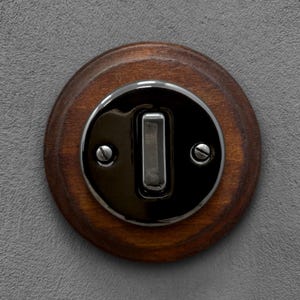 Rocker Light Switch 1 Gang 2 Way Black Porcelain Dark Wood Frame Ceramic Wall Switch Flush Mount Retro Cottage Restoration Accessories