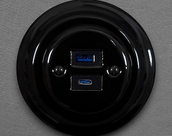Retro Black Porcelain USB Charging Socket Type A C Ports Ceramic Wall Outlet Flush Mount Power Receptacle Smart Home Renovation