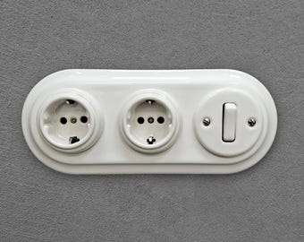 Dubbelt vitt porslinsuttag 1-gångs strömbrytare kombinationstyp F Schuko tyskt EU jordat vägguttag infällt monterbart retro kombinationsväggplugg