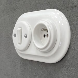White Porcelain French Power Socket + Light Switch SET, 1-Gang Two-Way, Vintage Style Flush Mount image 4