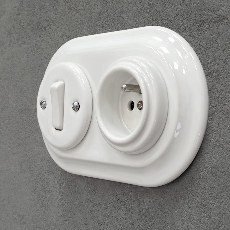 White Porcelain French Power Socket + Light Switch SET, 1-Gang Two-Way, Vintage Style Flush Mount image 4