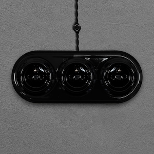 Triple Black Porcelain Power Socket French Type E Earth Pin Ceramic Wall Outlet Surface Mount Retro Industrial Loft Plug Receptacle Plugs