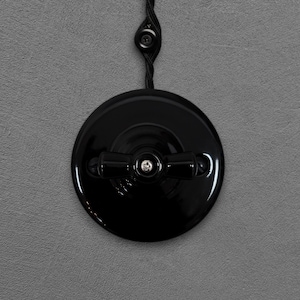 Peut inclure: Un interrupteur de lumière noir et rond avec un levier à bascule et une finition brillante. L'interrupteur est monté sur un mur gris et relié à un fil noir torsadé.