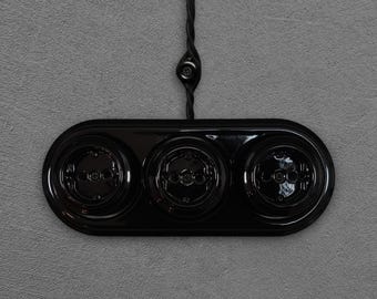 Triple Schuko Power Socket Type F German EU Grounded Retro Black Porcelain Ceramic Wall Outlet Surface Mount Industrial Loft Receptacle