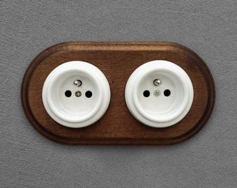 Type E French Double White Porcelain Power Socket, Vintage Style Flush Mount, Dark Wood Frame, Earth Pin in Outlet