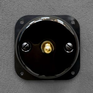 Peut inclure: Un interrupteur noir et rond avec un bouton central doré et deux vis argentées. L'interrupteur est encastré dans une plaque carrée en métal noir avec des coins arrondis et quatre trous de vis. Le fond est une surface grise texturée.