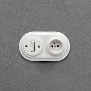 White Porcelain French Power Socket + Light Switch SET, 1-Gang Two-Way, Vintage Style Flush Mount image 2