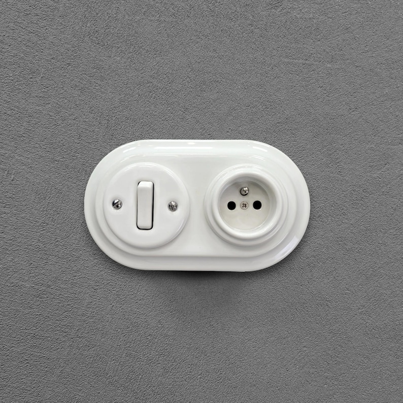 White Porcelain French Power Socket + Light Switch SET, 1-Gang Two-Way, Vintage Style Flush Mount image 2