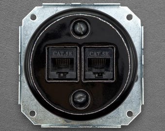 Ethernet-portkärnkoppling svart porslin RJ45 nätverksuttagsinsats CAT.5E keramiskt vägguttag infällt montage retro-anslutning